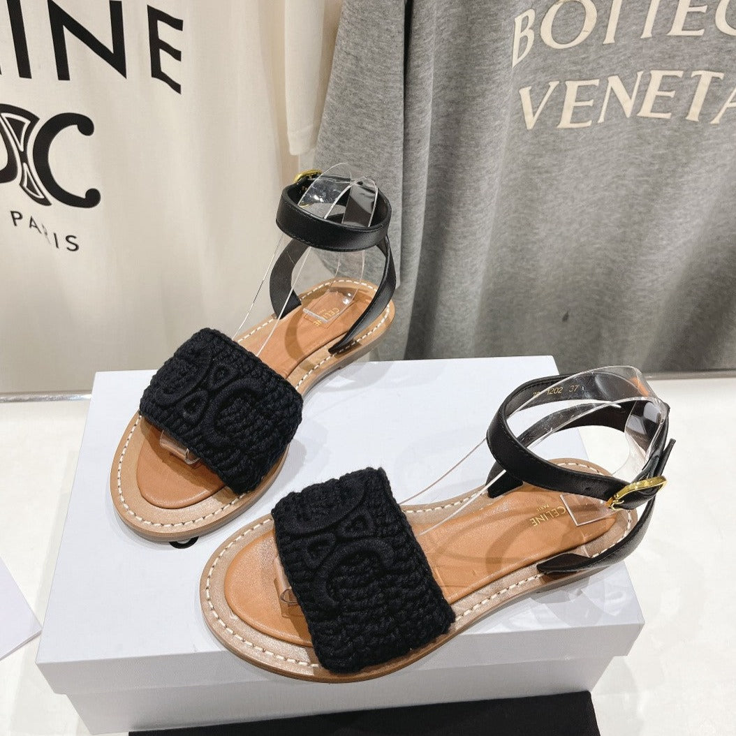 LYMPIA SANDAL IN TRIOMPHE MACCRAMÃ‰ COTTON & CALFSKIN BLACK
