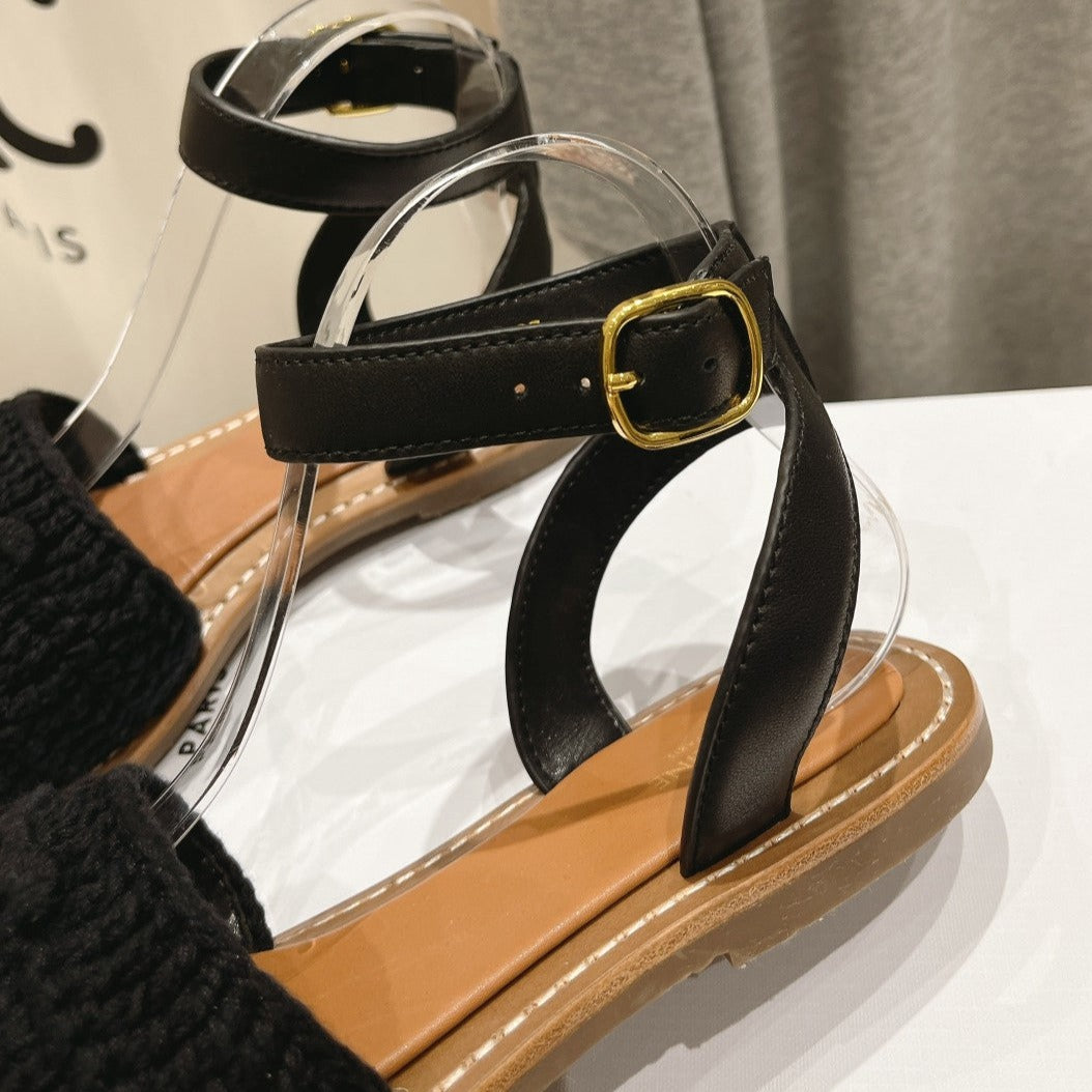 LYMPIA SANDAL IN TRIOMPHE MACCRAMÃ‰ COTTON & CALFSKIN BLACK