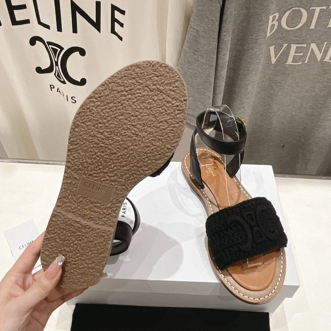 LYMPIA SANDAL IN TRIOMPHE MACCRAMÃ‰ COTTON & CALFSKIN BLACK