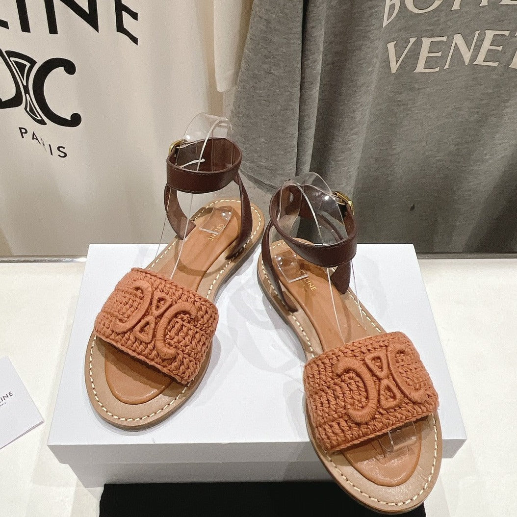 LYMPIA SANDAL IN TRIOMPHE MACCRAMÃ‰ COTTON & CALFSKIN BROWN/DARK BROWN