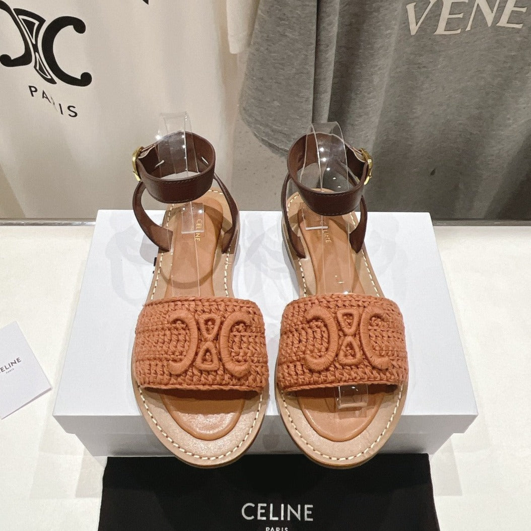 LYMPIA SANDAL IN TRIOMPHE MACCRAMÃ‰ COTTON & CALFSKIN BROWN/DARK BROWN