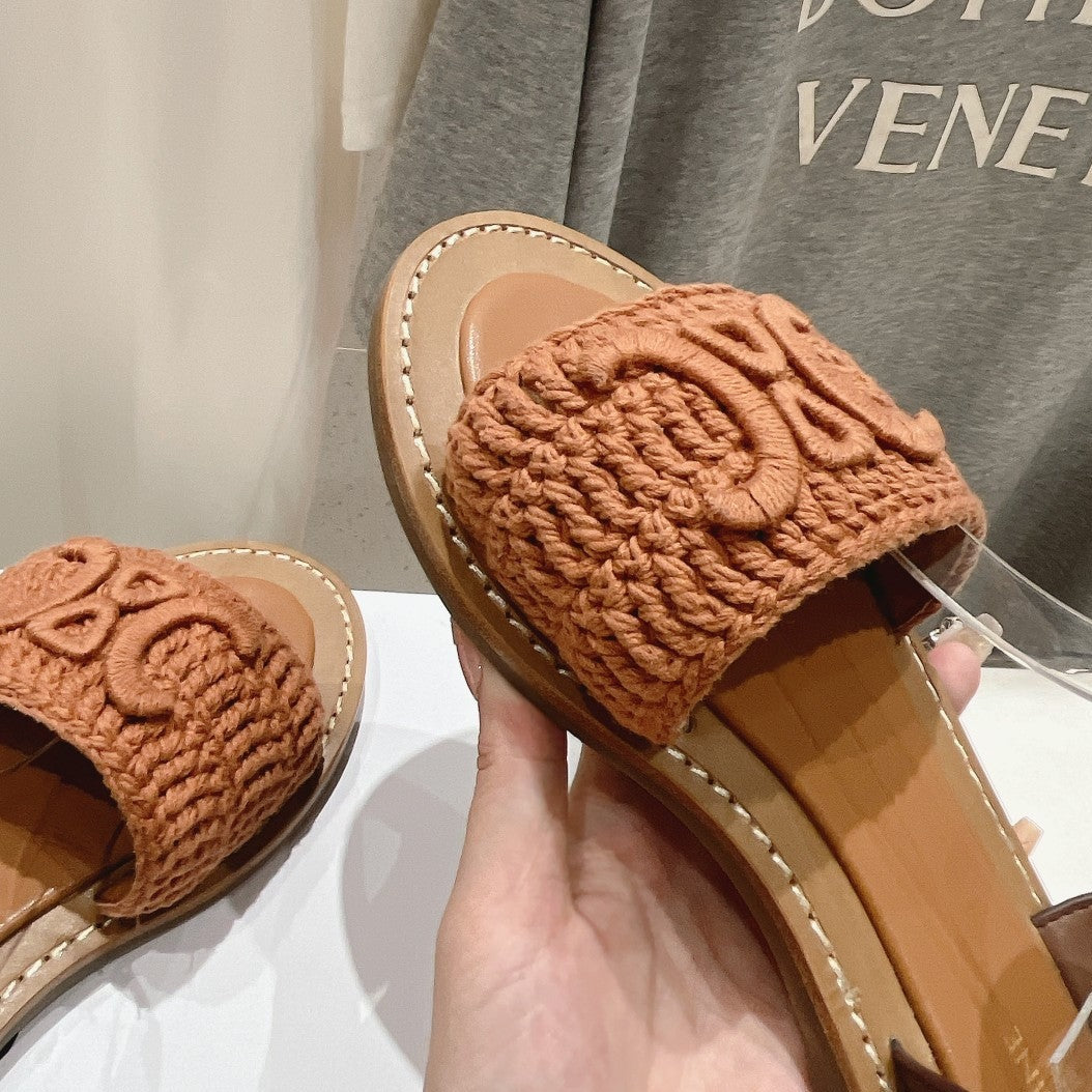 LYMPIA SANDAL IN TRIOMPHE MACCRAMÃ‰ COTTON & CALFSKIN BROWN/DARK BROWN