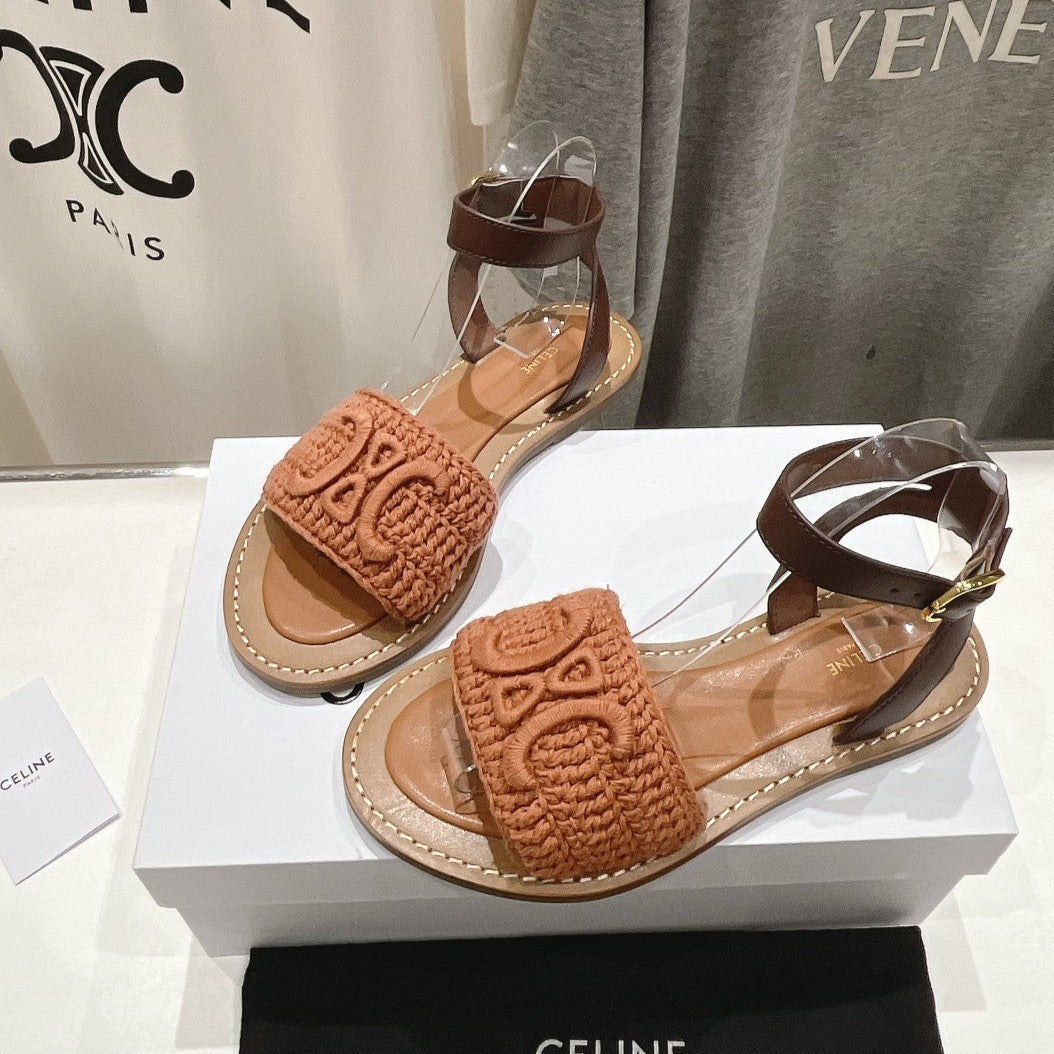 LYMPIA SANDAL IN TRIOMPHE MACCRAMÃ‰ COTTON & CALFSKIN BROWN/DARK BROWN