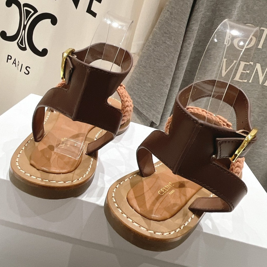 LYMPIA SANDAL IN TRIOMPHE MACCRAMÃ‰ COTTON & CALFSKIN BROWN/DARK BROWN