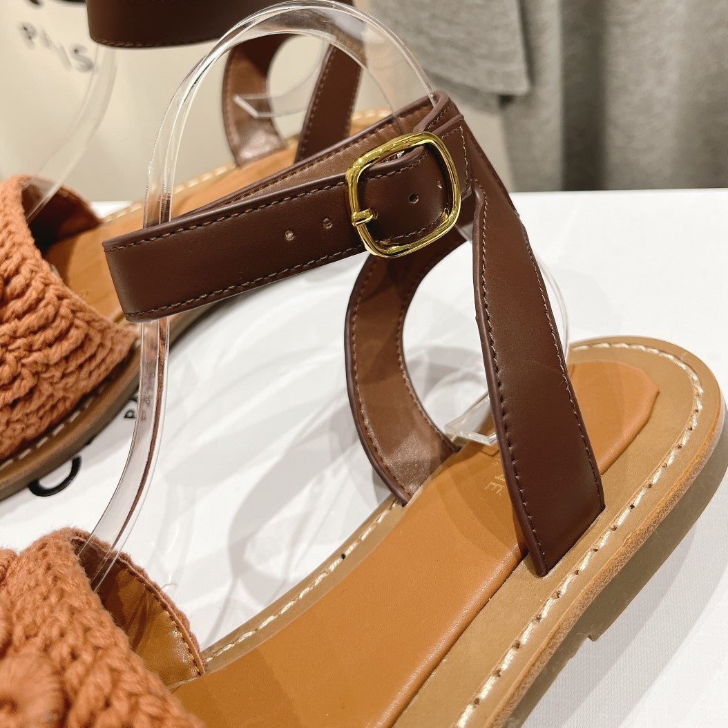 LYMPIA SANDAL IN TRIOMPHE MACCRAMÃ‰ COTTON & CALFSKIN BROWN/DARK BROWN
