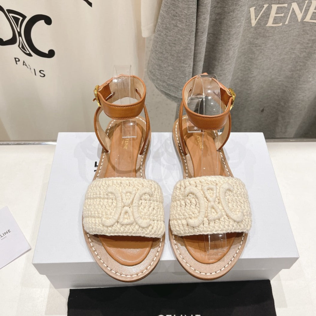 LYMPIA SANDAL IN TRIOMPHE MACCRAMÃ‰ COTTON & CALFSKIN ECRU TAN