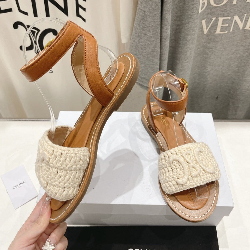 LYMPIA SANDAL IN TRIOMPHE MACCRAMÃ‰ COTTON & CALFSKIN ECRU TAN