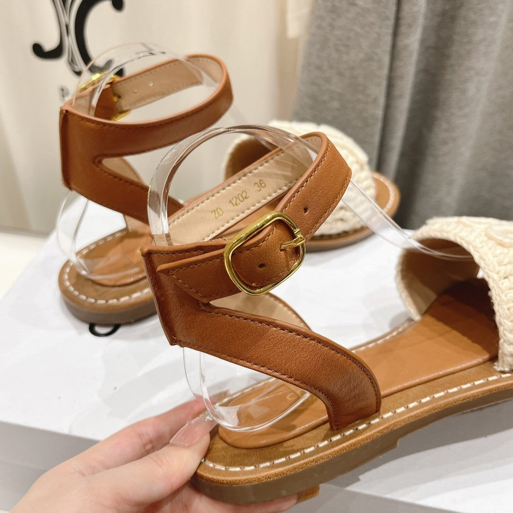 LYMPIA SANDAL IN TRIOMPHE MACCRAMÃ‰ COTTON & CALFSKIN ECRU TAN