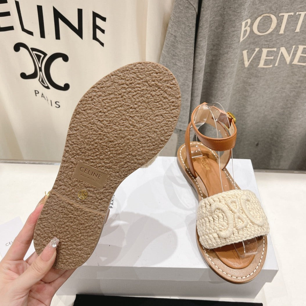 LYMPIA SANDAL IN TRIOMPHE MACCRAMÃ‰ COTTON & CALFSKIN ECRU TAN