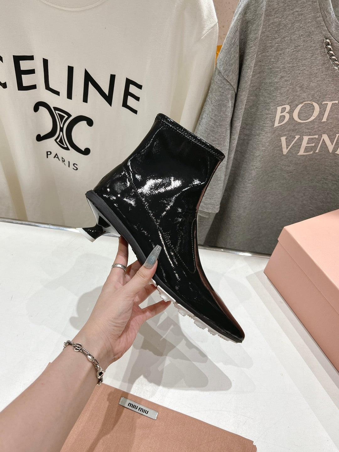 Miu Ankle Boots Pointed Toe Glossy Black Lambskin