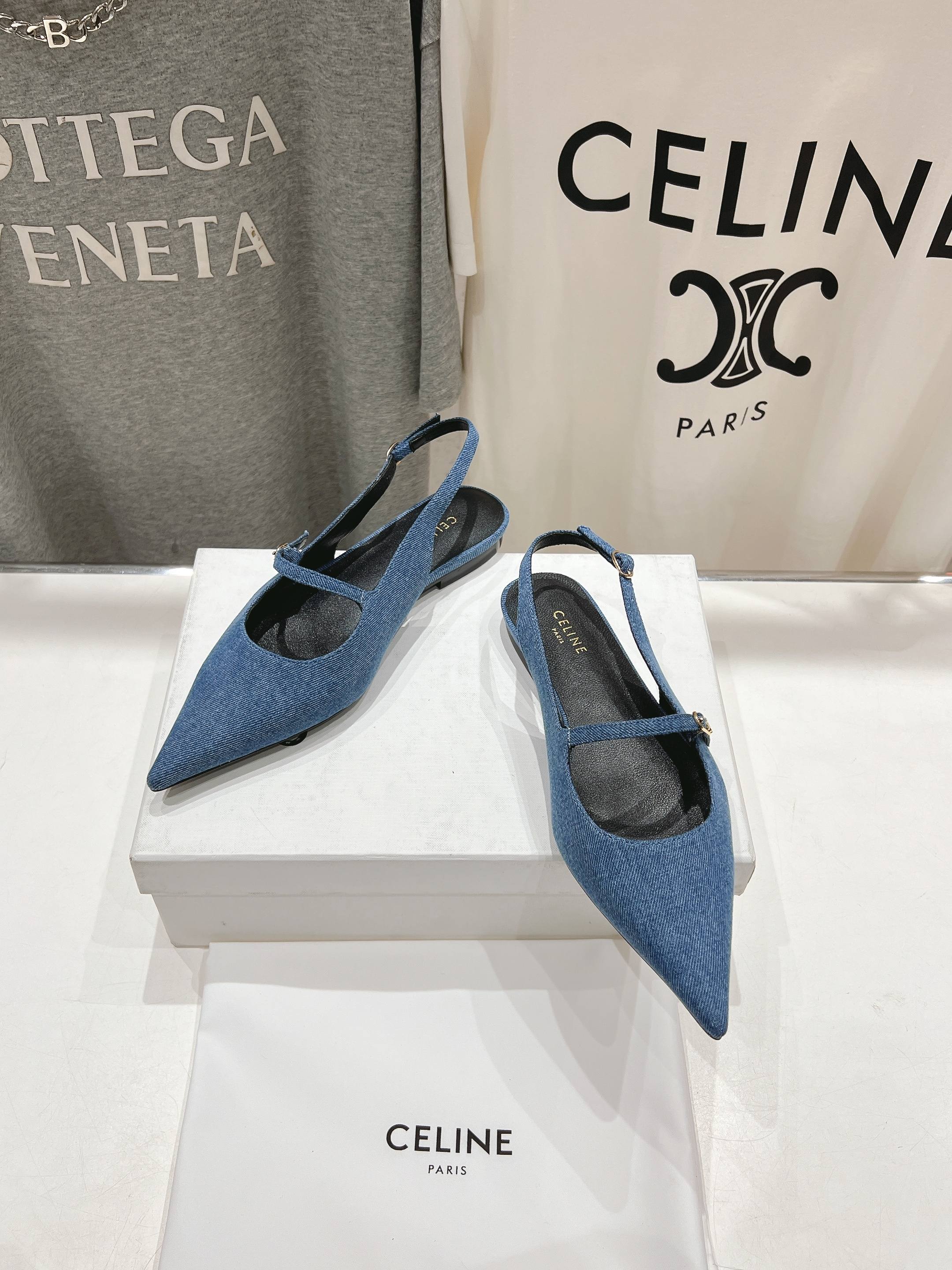 CELINE 25C Slingback Flat Demin Blue Fabric 236746