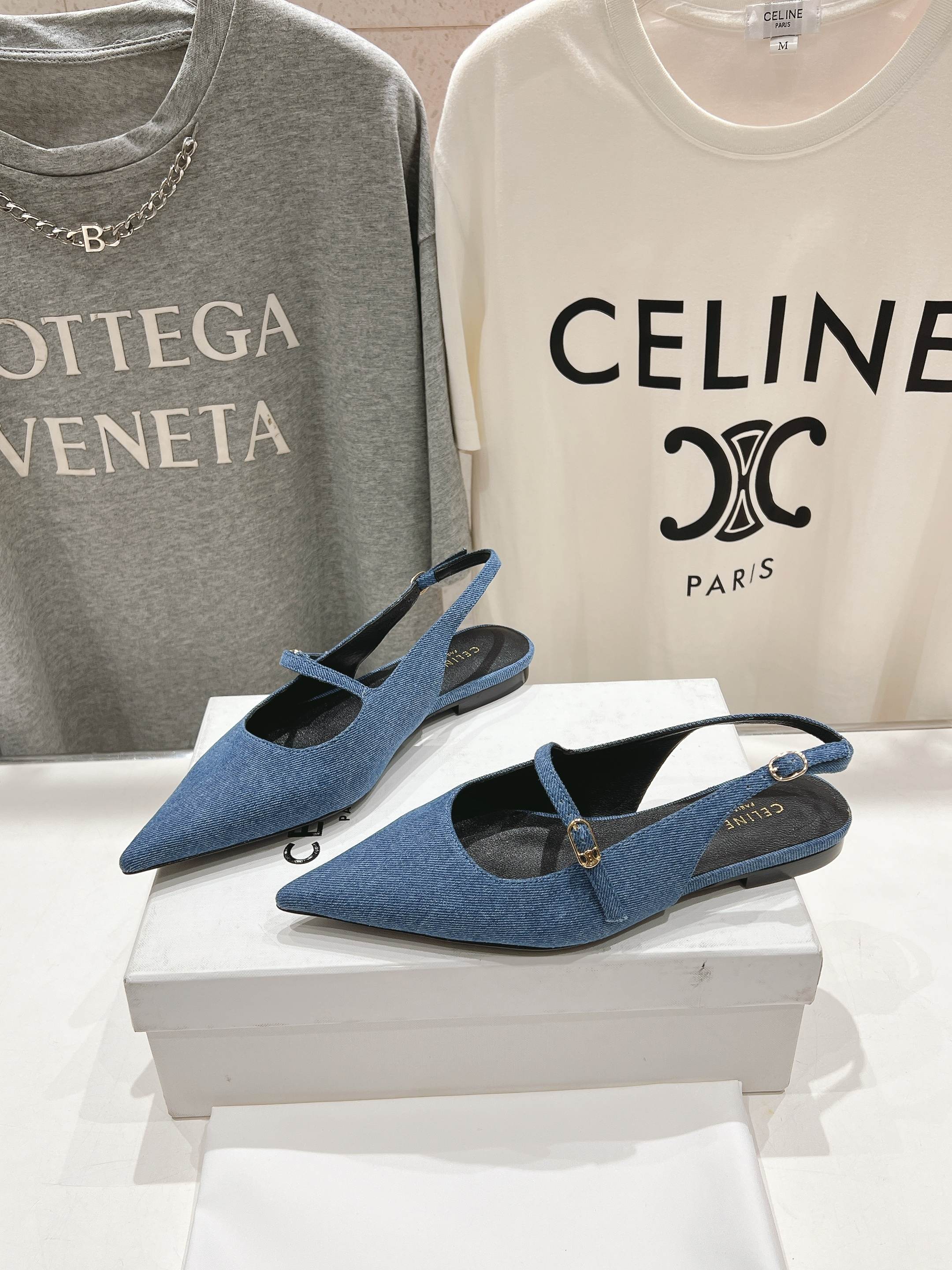 CELINE 25C Slingback Flat Demin Blue Fabric 236746