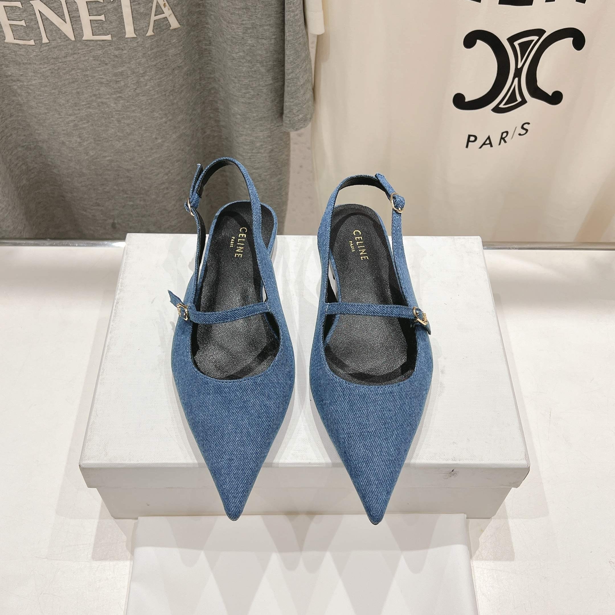 CELINE 25C Slingback Flat Demin Blue Fabric 236746