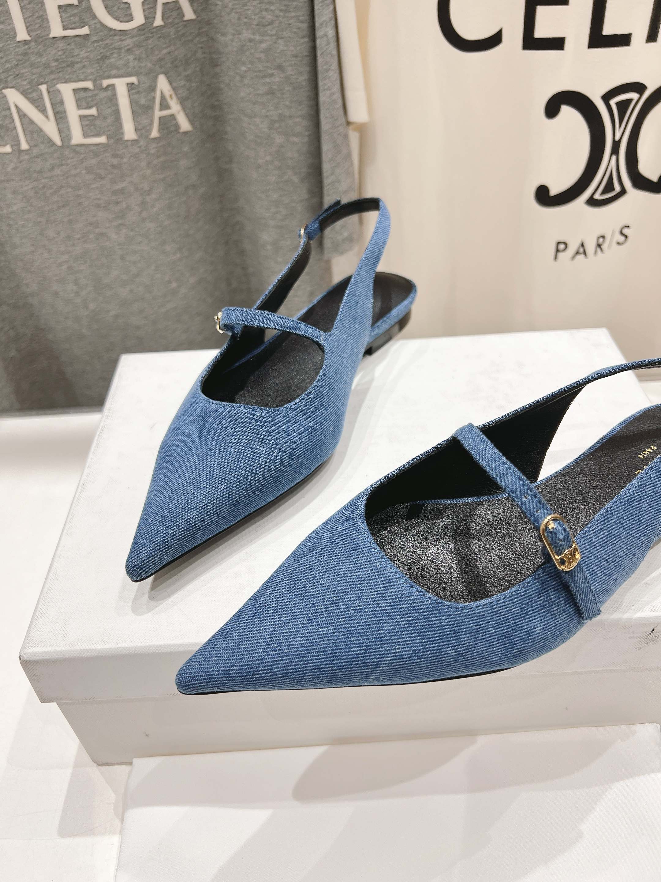 CELINE 25C Slingback Flat Demin Blue Fabric 236746