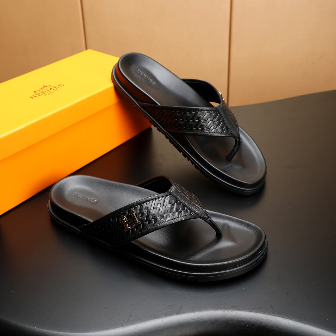 HM Men's Thong Sandals Black Cowhide 547360