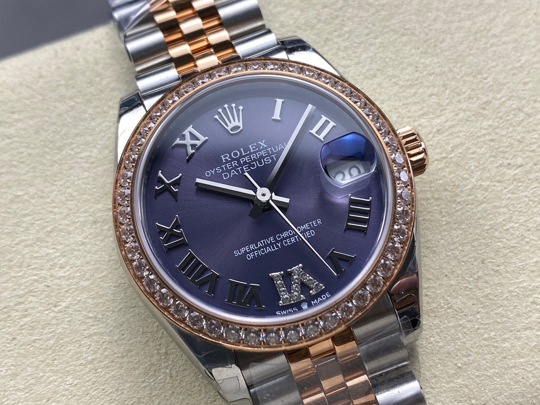 Datejust 31mm Pink Gold Steel Diamond Bezel Aubergine Purple Dial