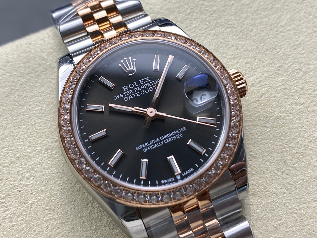 Datejust 31mm Pink Gold Steel Diamond Bezel Dark Grey Dial
