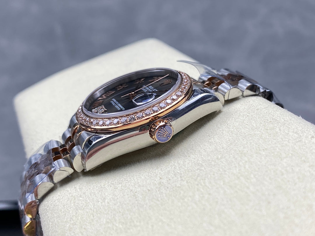 Datejust 31mm Pink Gold Steel Diamond Bezel Dark Grey Dial Diamond Numerals