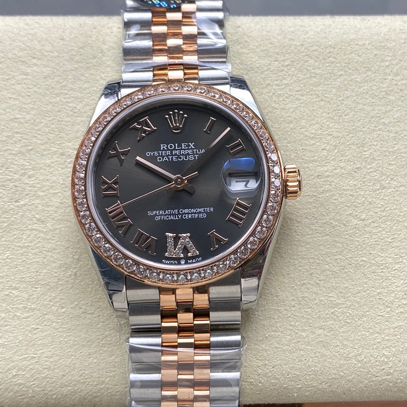 Datejust 31mm Pink Gold Steel Diamond Bezel Dark Grey Dial Diamond Numerals