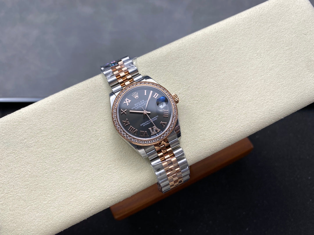 Datejust 31mm Pink Gold Steel Diamond Bezel Dark Grey Dial Diamond Numerals