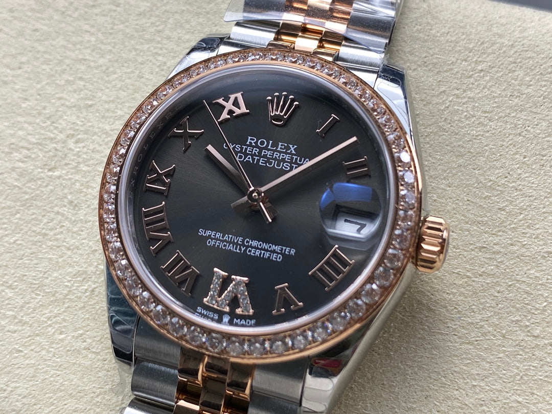Datejust 31mm Pink Gold Steel Diamond Bezel Dark Grey Dial Diamond Numerals
