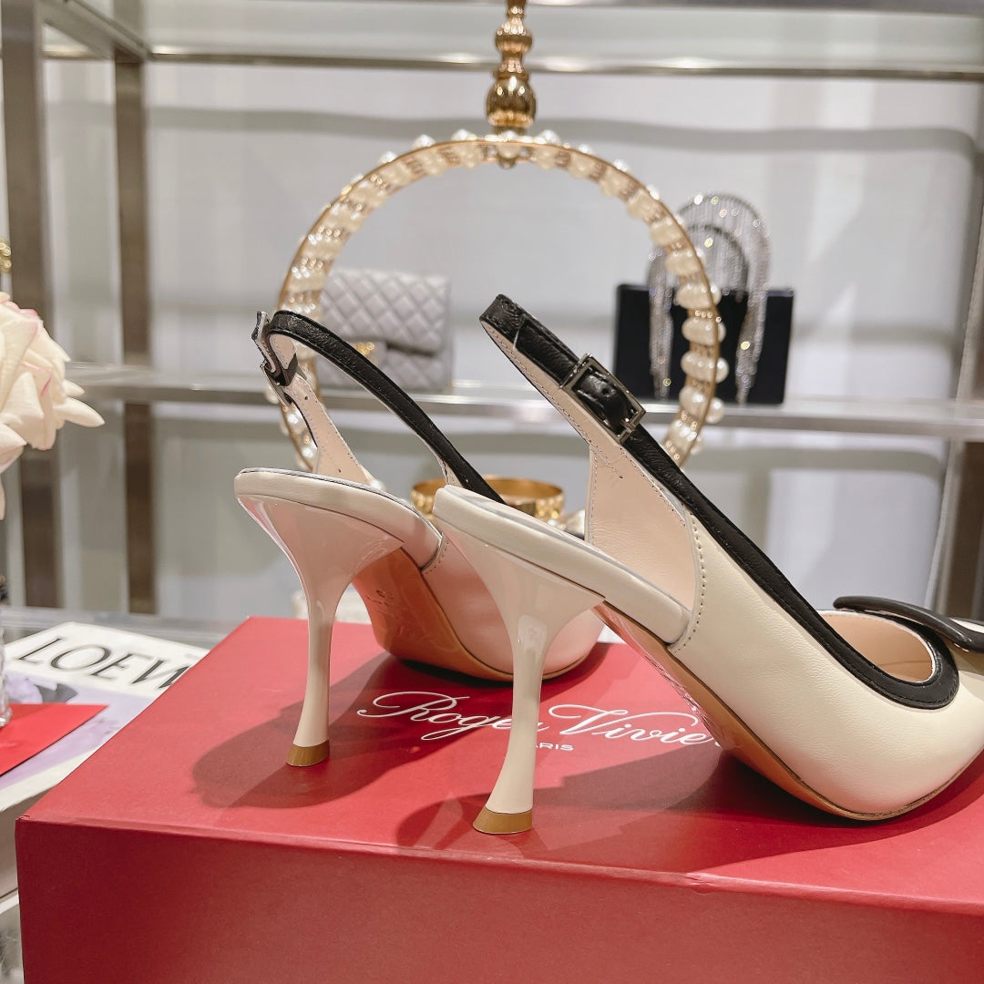 Belle Viv Metal Buckle Slingback Pumps 85 White Black Patent Leather