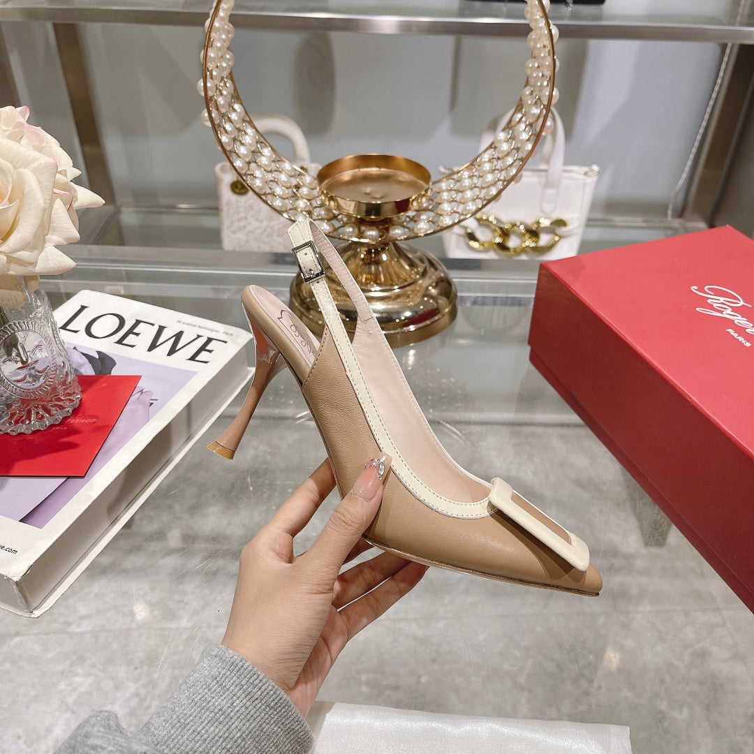 Belle Viv Metal Buckle Slingback Pumps 85 Camel Patent Leather