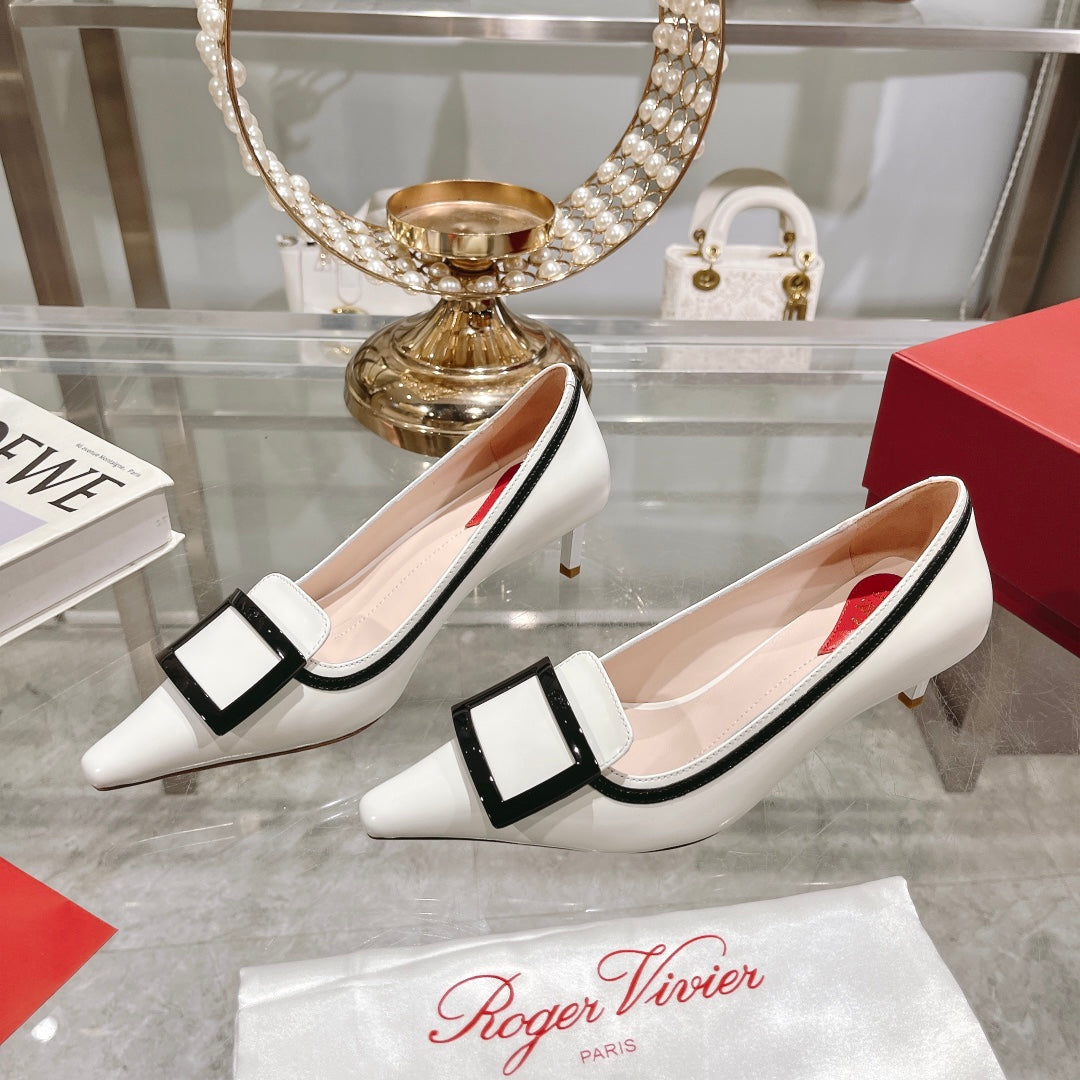Belle Viv Metal Buckle Pumps 65 White Black Patent Leather