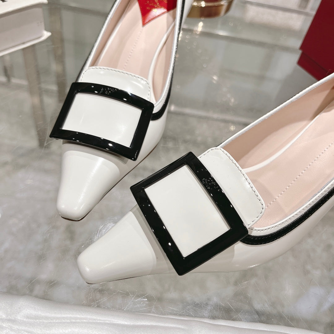 Belle Viv Metal Buckle Pumps 65 White Black Patent Leather