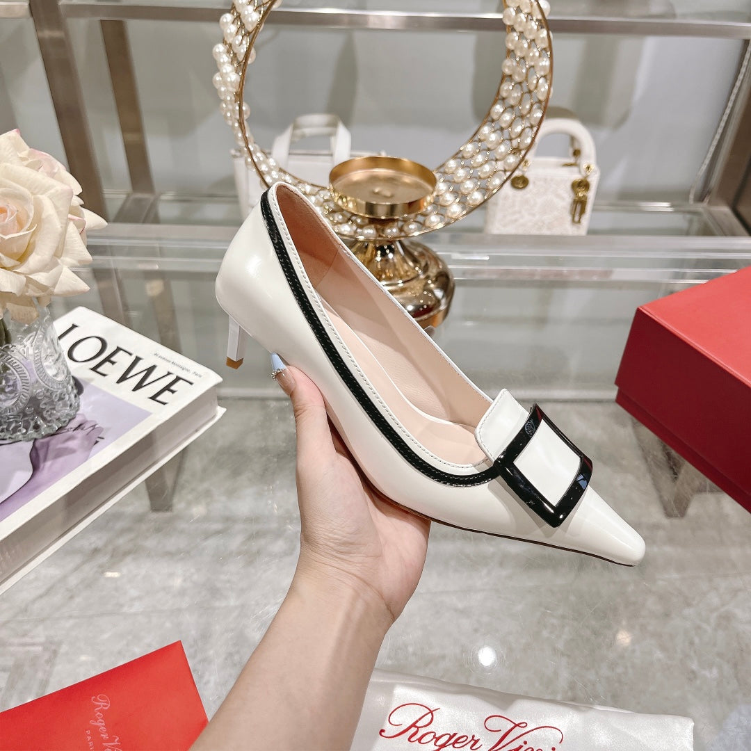 Belle Viv Metal Buckle Pumps 65 White Black Patent Leather