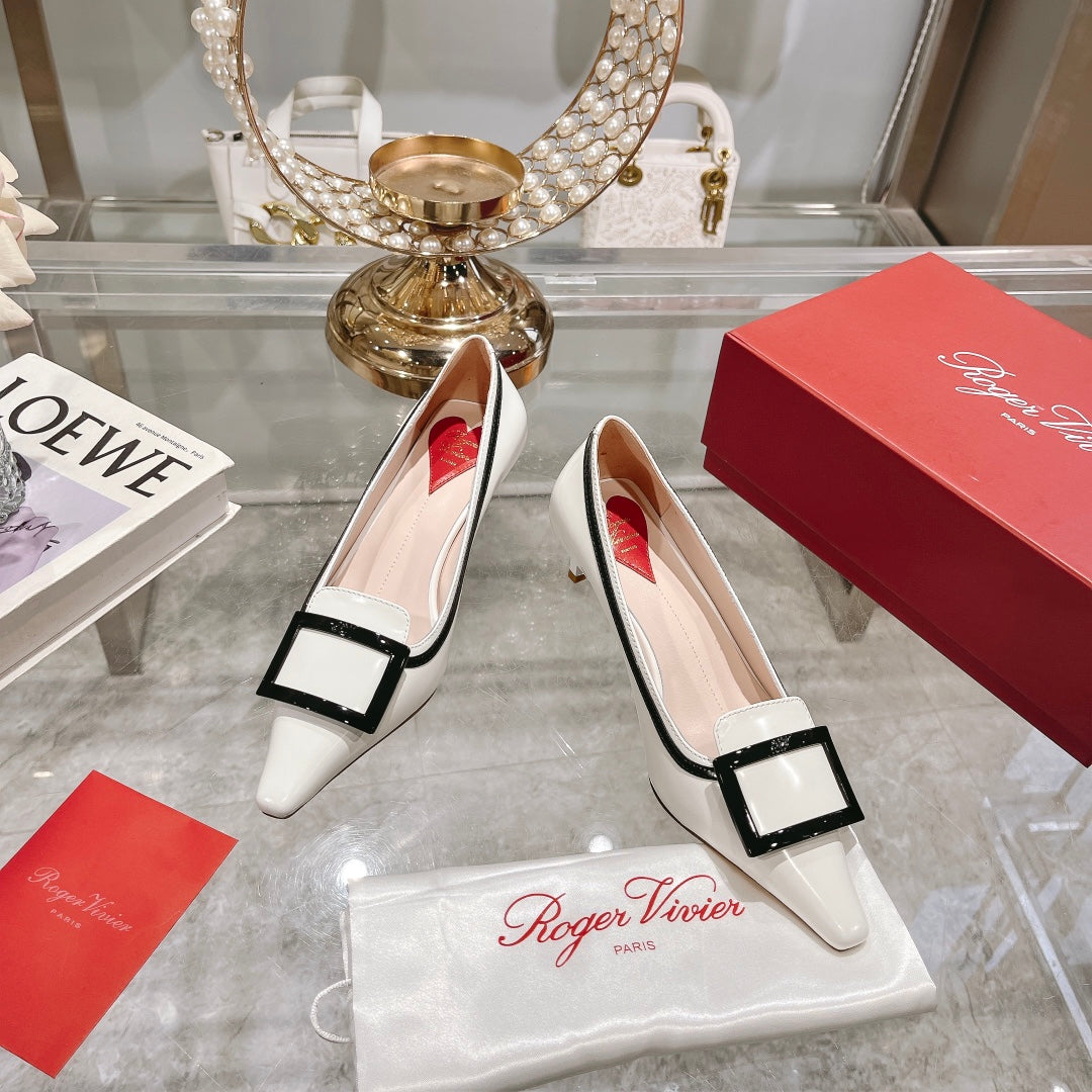 Belle Viv Metal Buckle Pumps 65 White Black Patent Leather