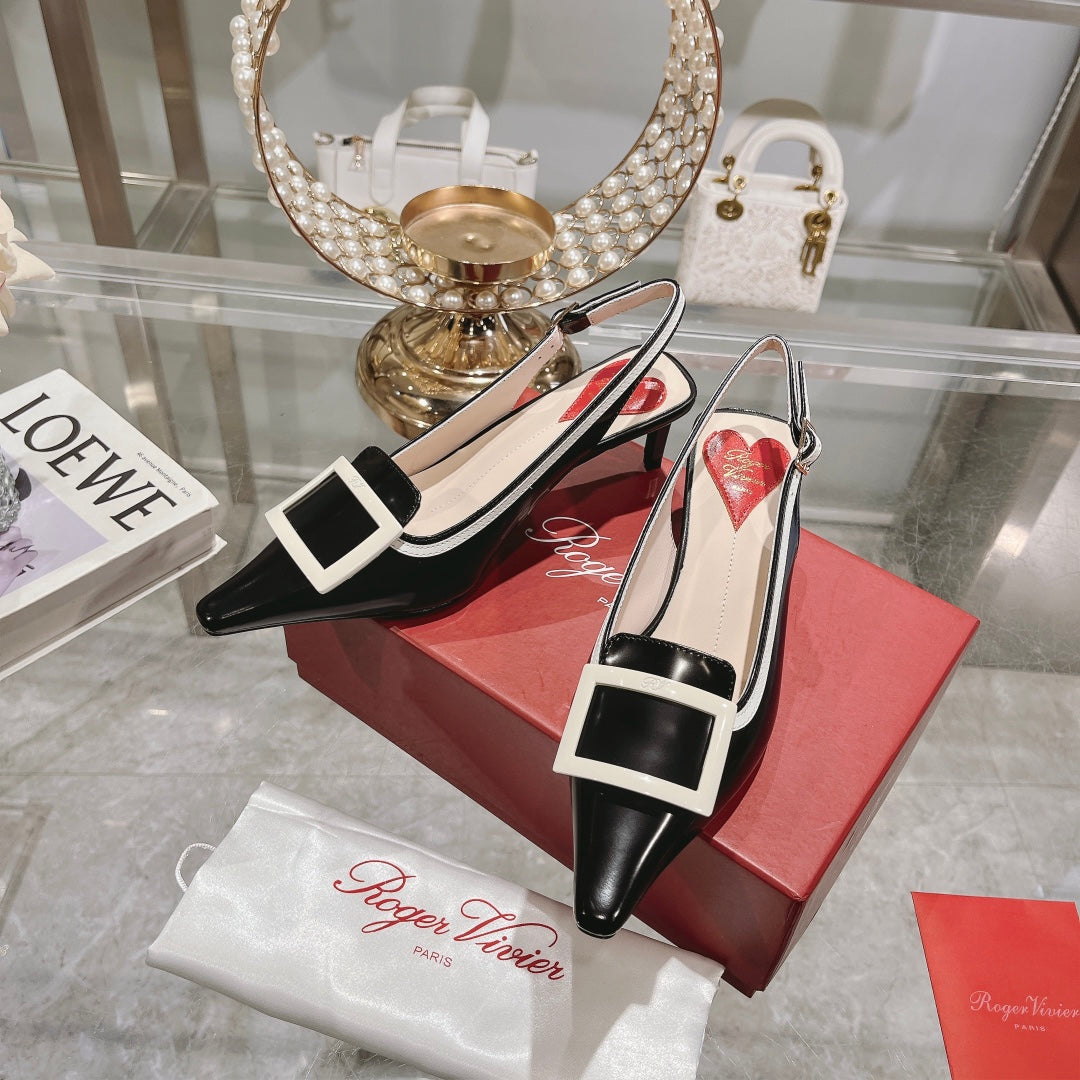 Belle Viv Metal Buckle Slingback Pumps 65 Black White Patent Leather