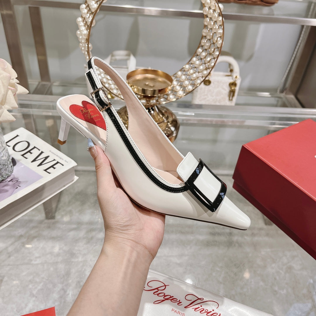 Belle Viv Metal Buckle Slingback Pumps 65 White Black Patent Leather