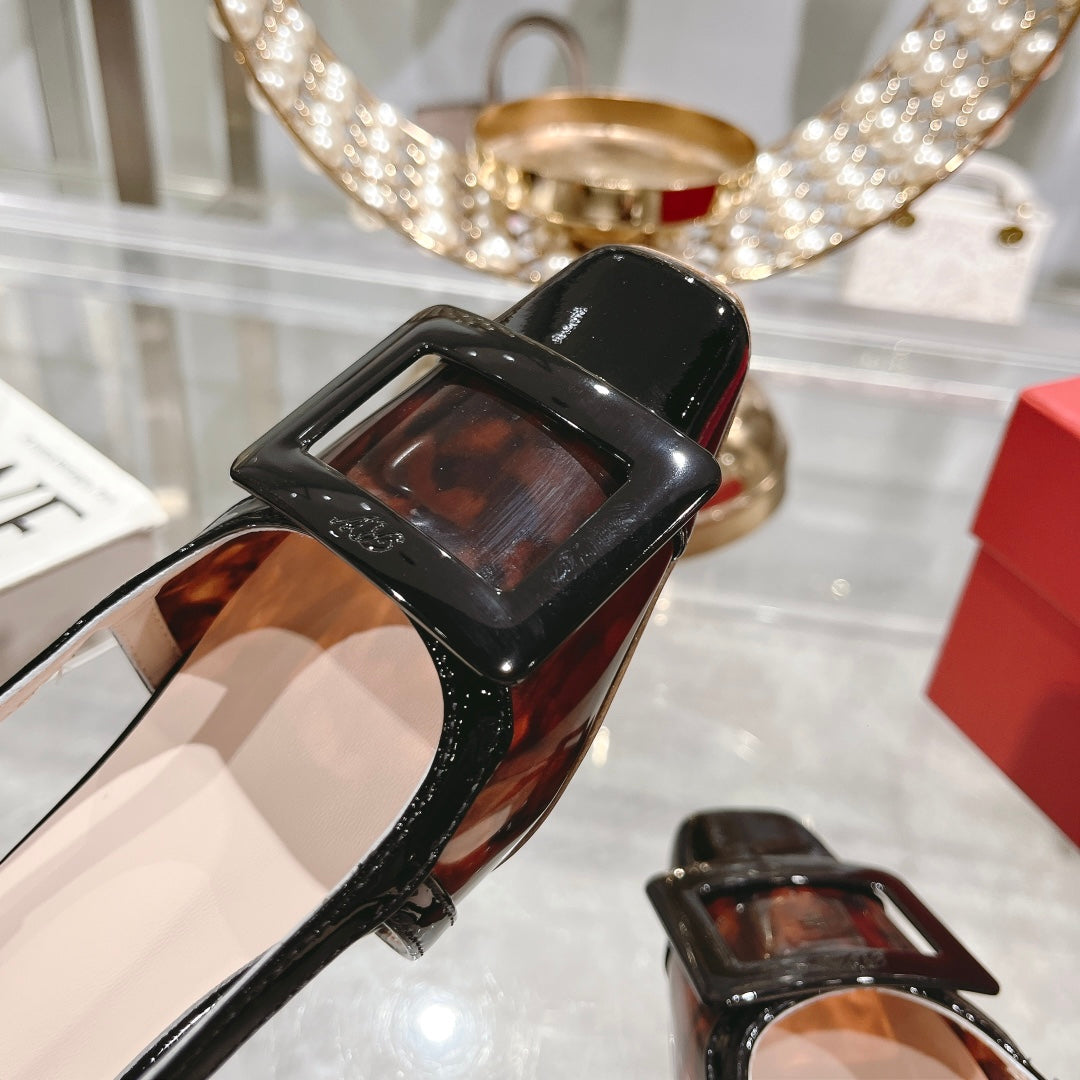 Belle Viv Metal Buckle Slingback Pumps 45 Black Patent Leather