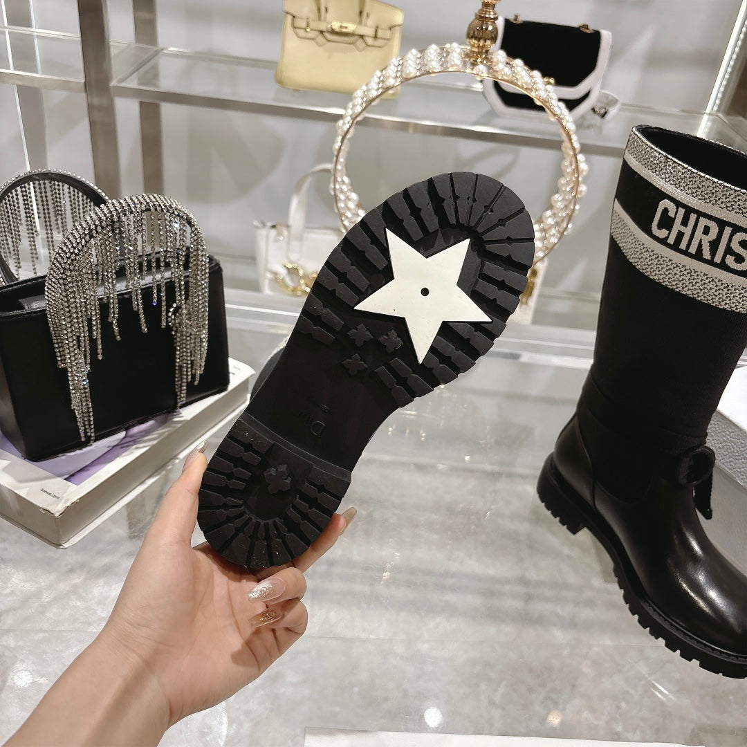 CD D-Major Boot Black Mix White Calfskin And Denim Fabric