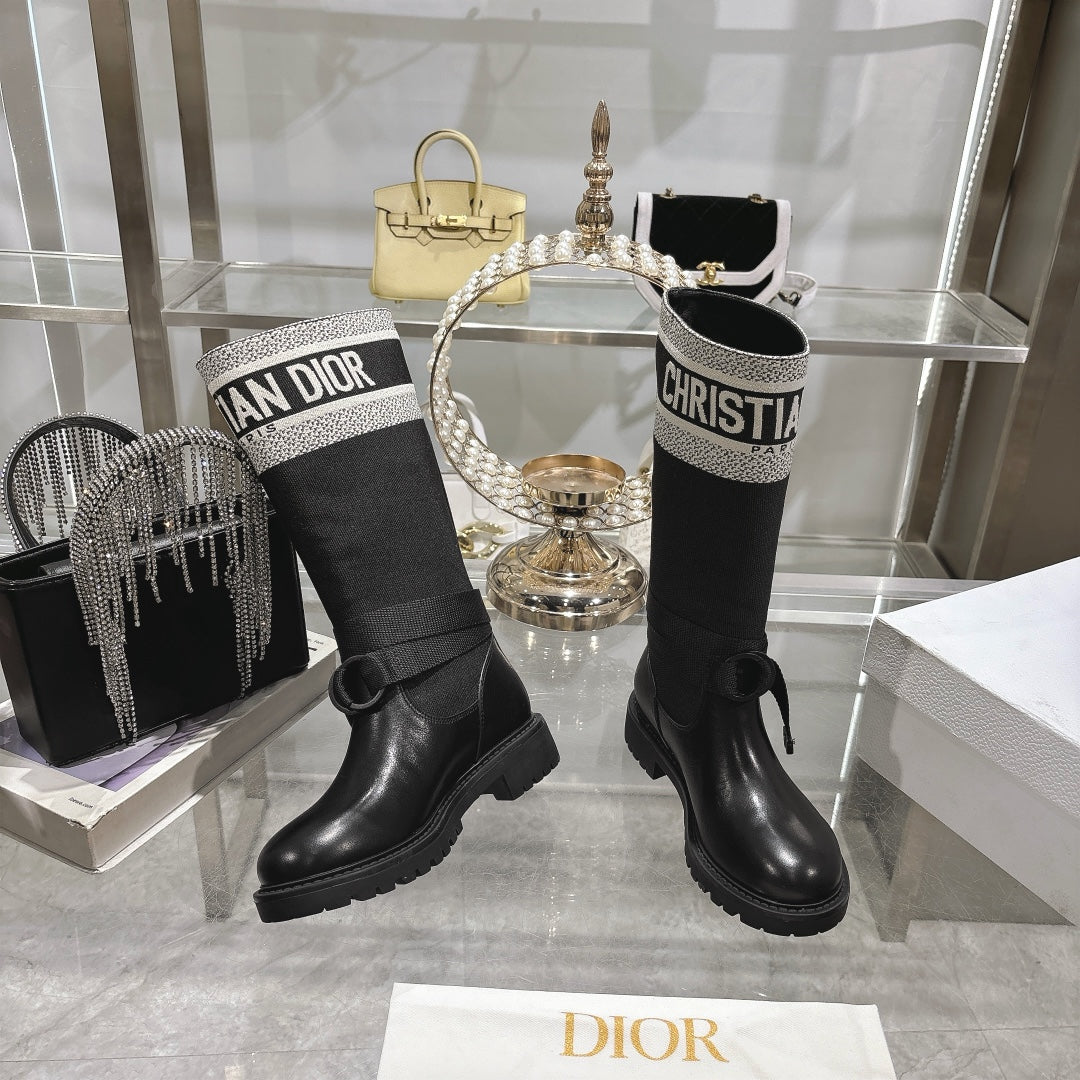 CD D-Major Boot Black Mix White Calfskin And Denim Fabric