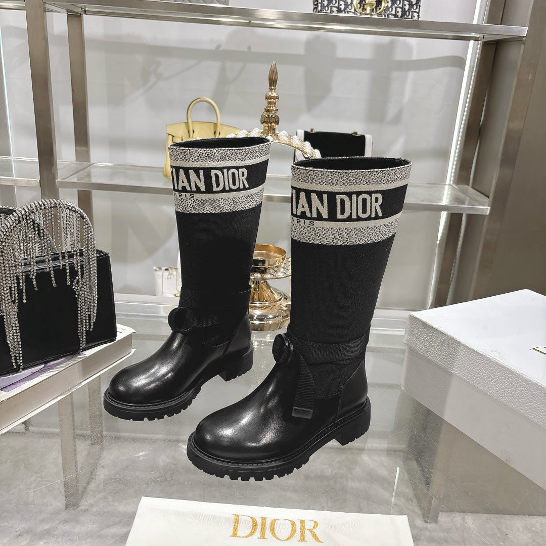 CD D-Major Boot Black Mix White Calfskin And Denim Fabric