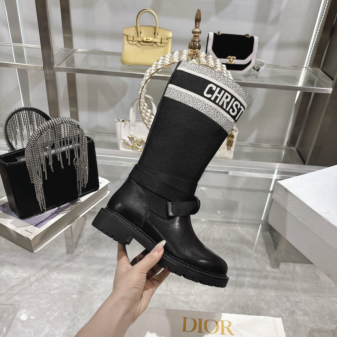 CD D-Major Boot Black Mix White Calfskin And Denim Fabric