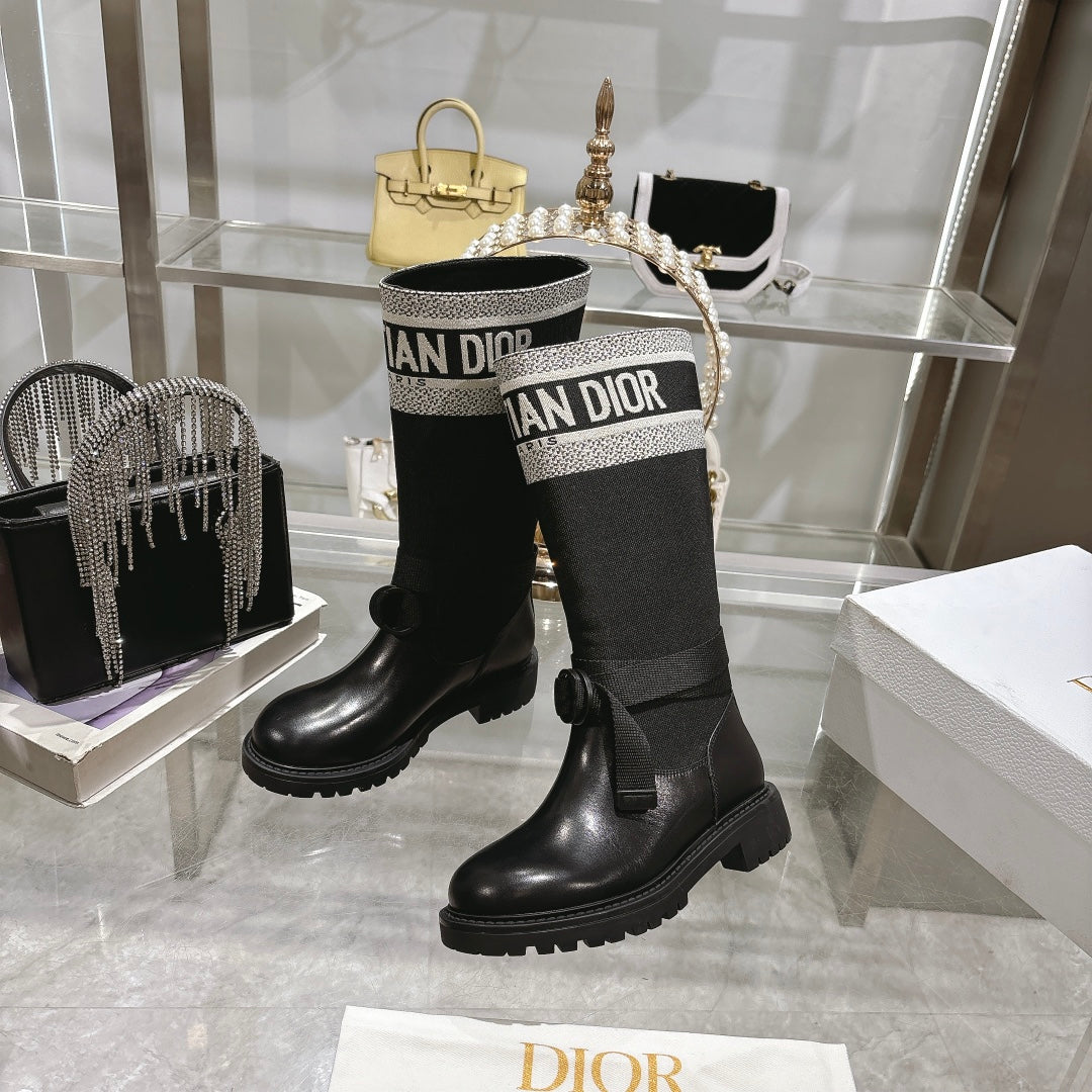 CD D-Major Boot Black Mix White Calfskin And Denim Fabric