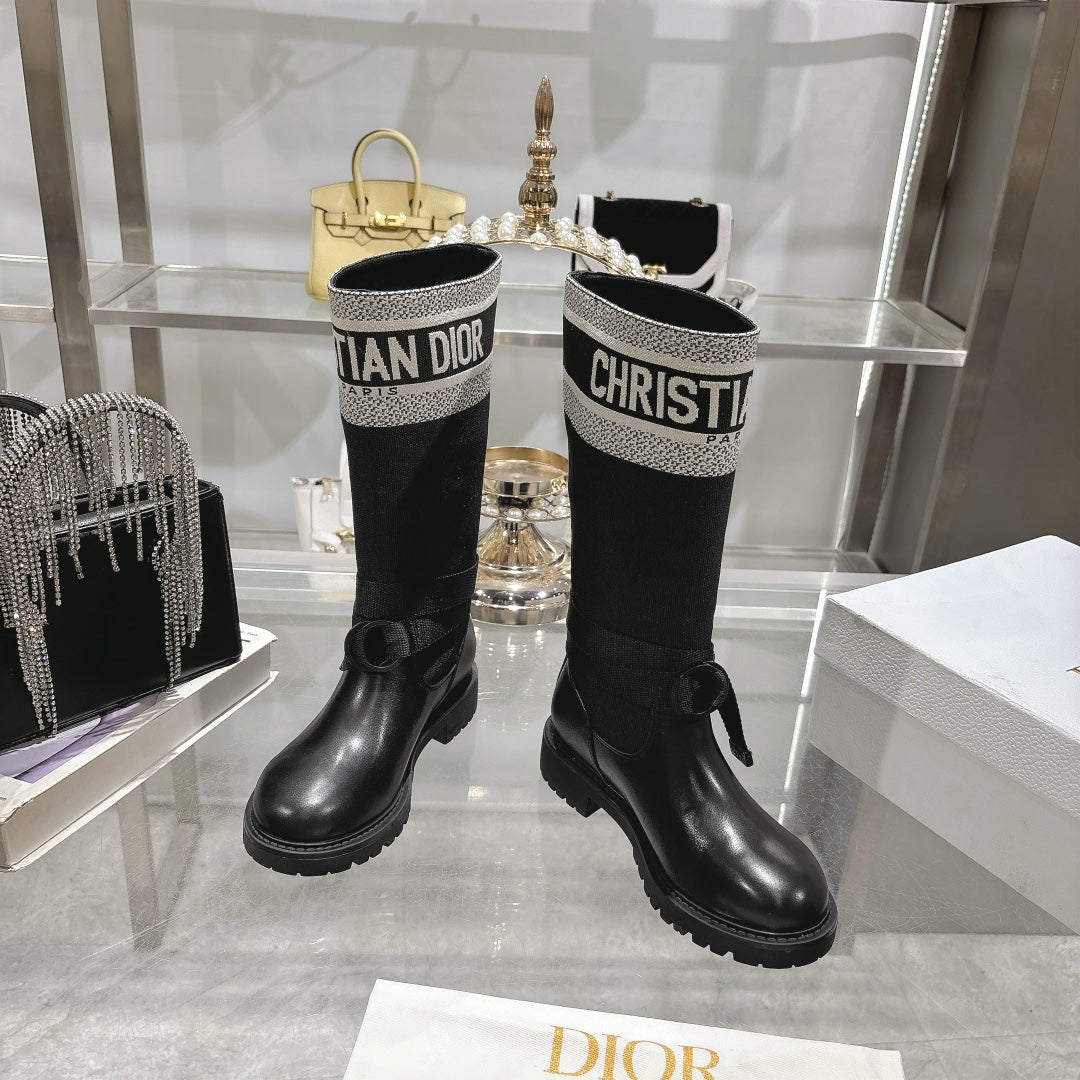 CD D-Major Boot Black Mix White Calfskin And Denim Fabric