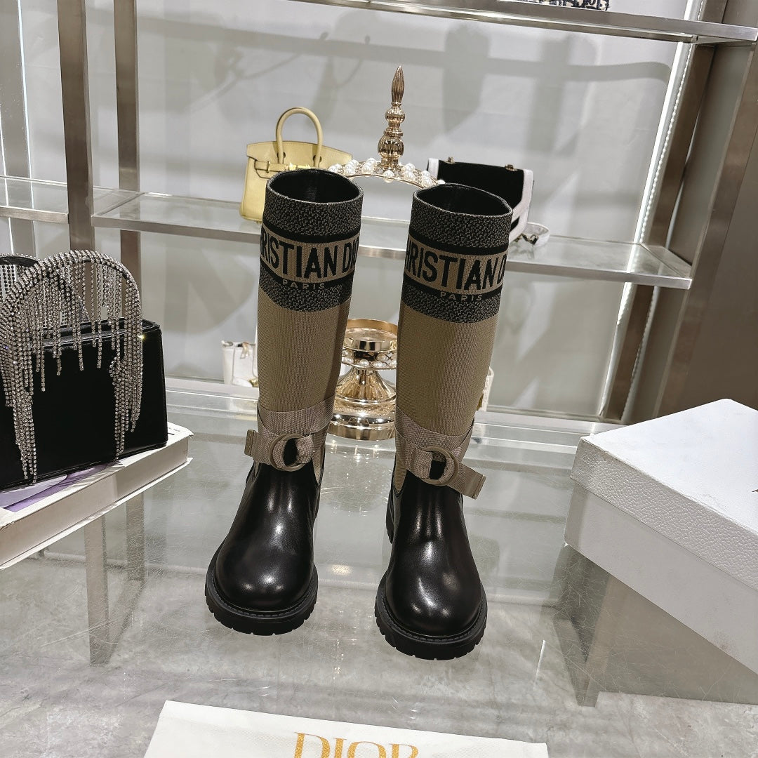 CD D-Major Boot Taupe Mix Black Calfskin And Denim Fabric