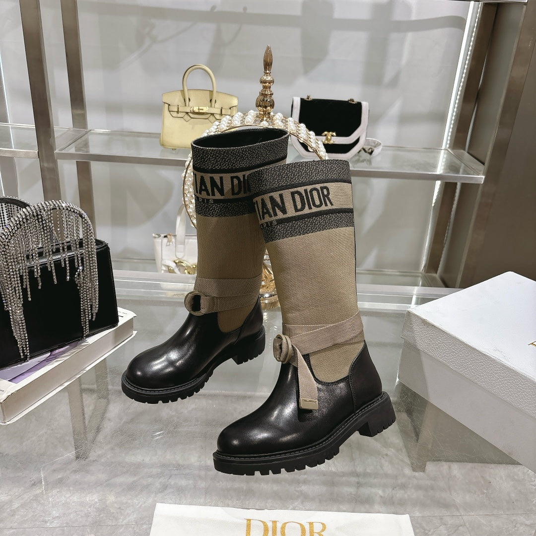 CD D-Major Boot Taupe Mix Black Calfskin And Denim Fabric