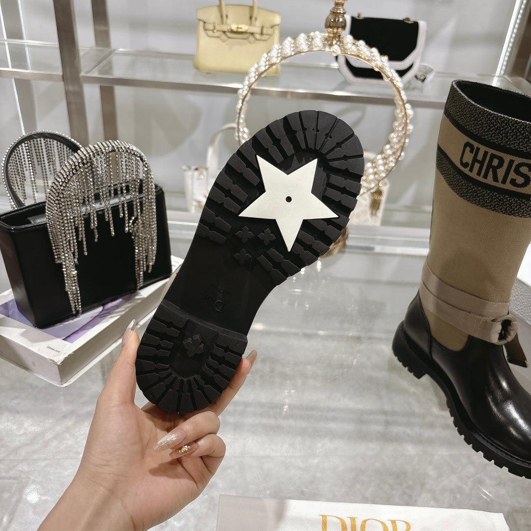 CD D-Major Boot Taupe Mix Black Calfskin And Denim Fabric