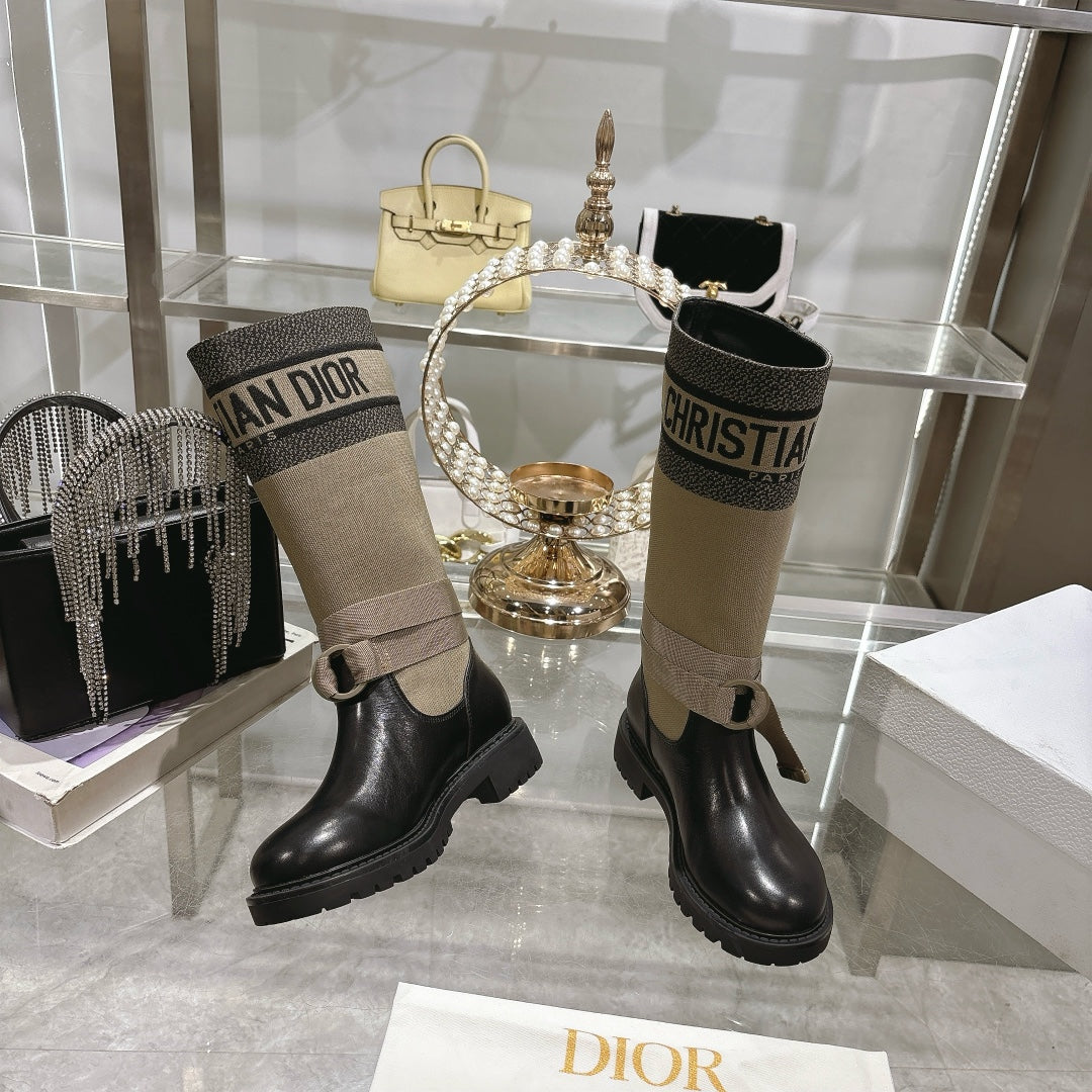 CD D-Major Boot Taupe Mix Black Calfskin And Denim Fabric