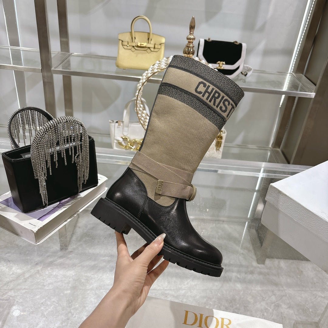 CD D-Major Boot Taupe Mix Black Calfskin And Denim Fabric