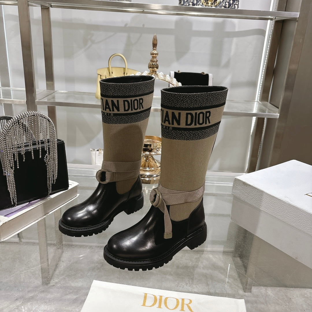 CD D-Major Boot Taupe Mix Black Calfskin And Denim Fabric