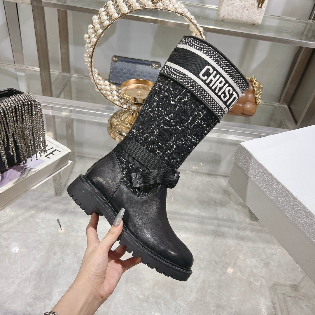 CD D-Major Boot Black Mix White Calfskin And Tweed Fabric