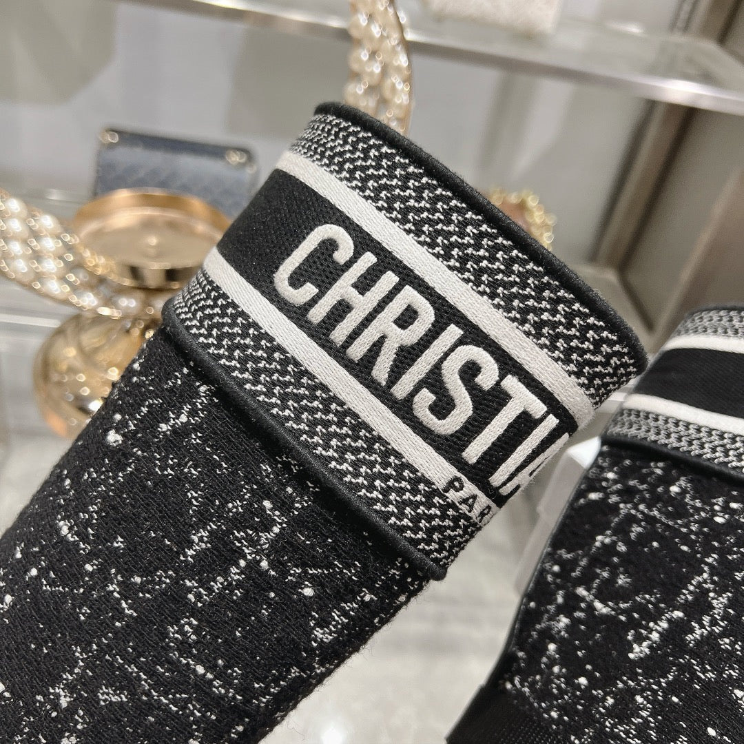 CD D-Major Boot Black Mix White Calfskin And Tweed Fabric