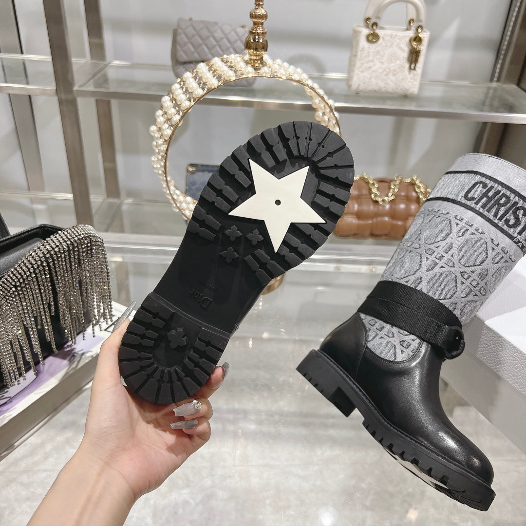 CD D-Major Boot Grey Mix Black Calfskin And Denim Fabric