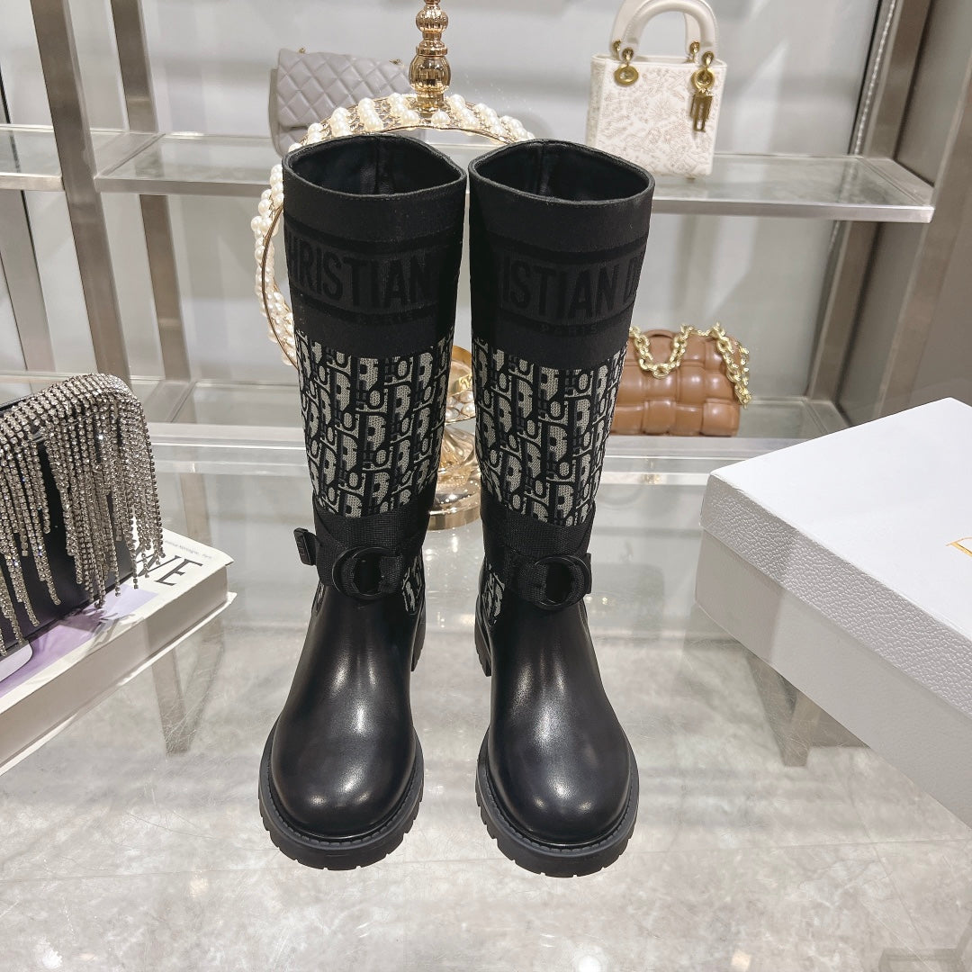 CD D-Major Boot Black Mix White Calfskin And Oblique Jacquard Fabric